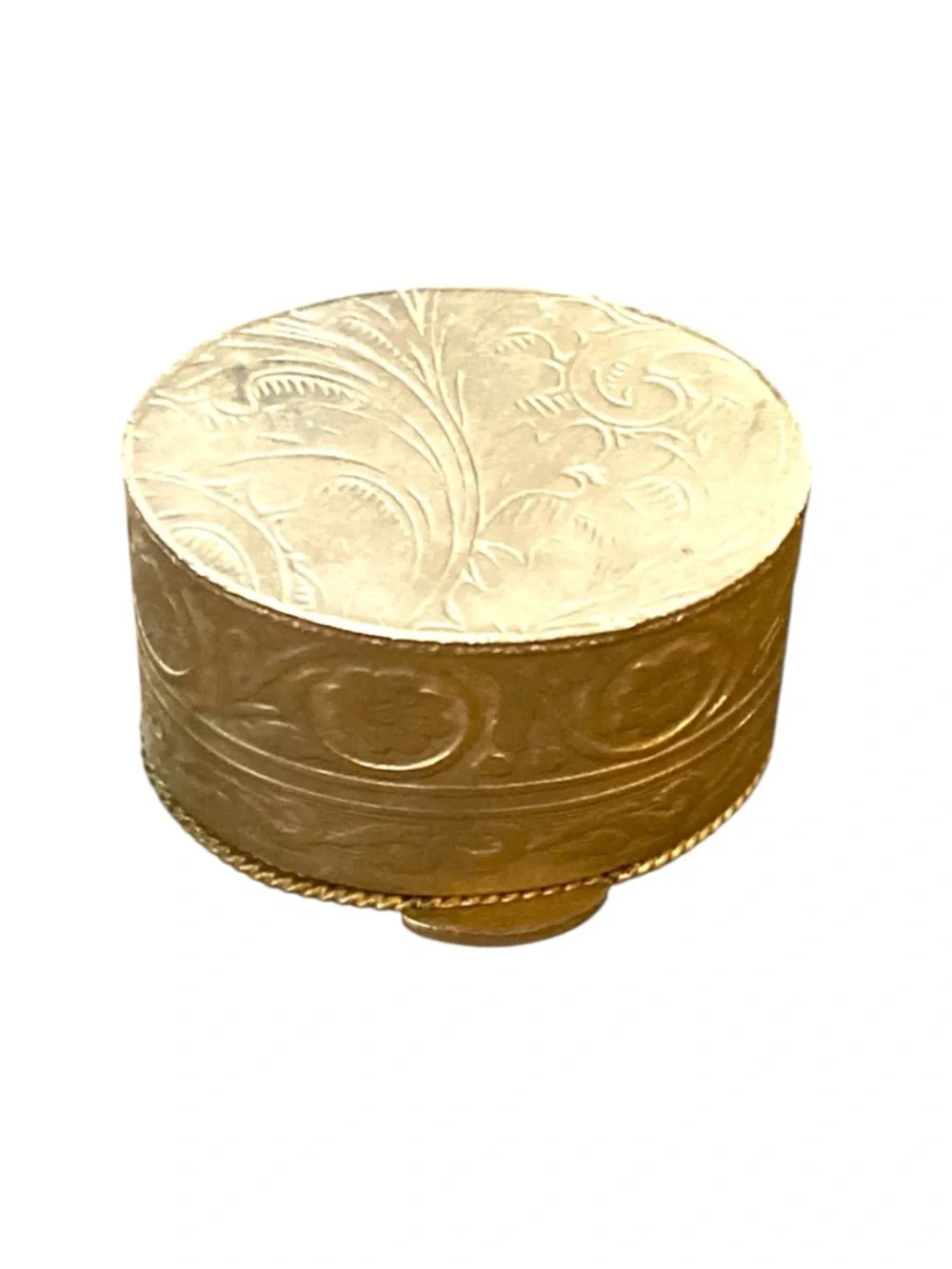 Vintage Italian Micro Mosaic Pill Box Blue Floral Gold Tone Metal Trinket 1.25”